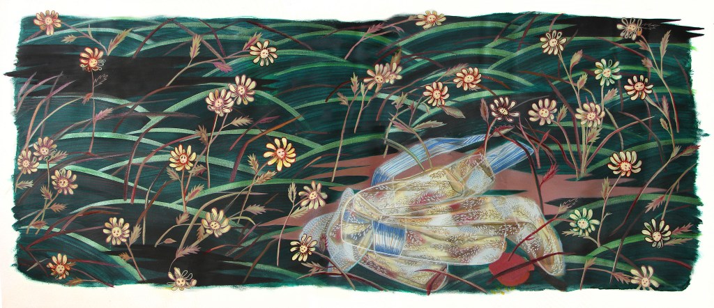 La robe qui parle avec les fleurs Acrylique et huile sur toile 130cm x 200cm